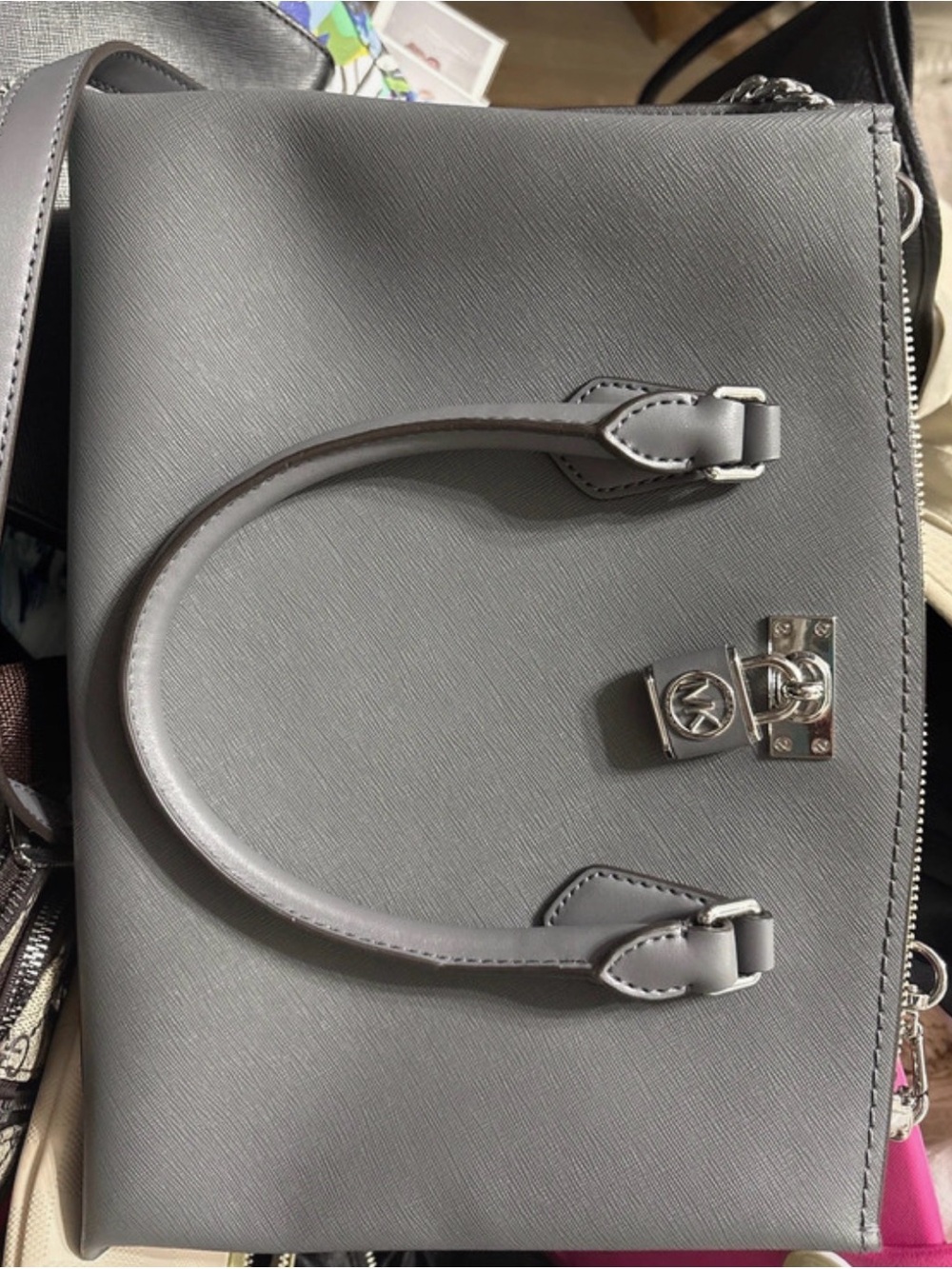 Michael Kors Grey Saffiano Satchel with Signature Lock